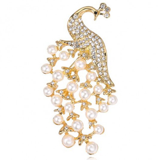 Zlatá brošňa peacock white pearls